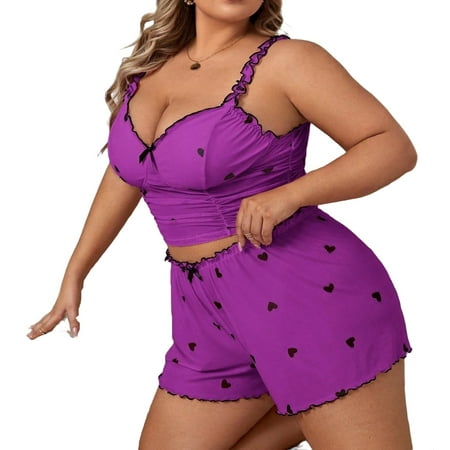 

Heart Print Straps Short PJ Sets Sleeveless Purple Plus Size Pajama Sets (Women s Plus)