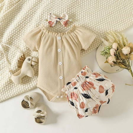 

SDJMa Baby Girls Cute Short Sleeve Round-Neck Blouses+Printing Short Pants+Headband Three-piece Set