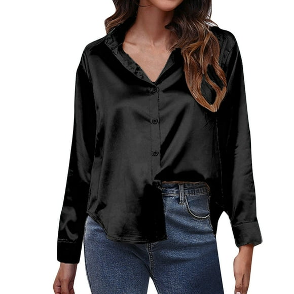 2025 Satin Shirt Women's Satin Summer Tops Imitation Silk Long Sleeved Women V Neck T-Shirt European and foreign Womens Dress Shirts Button Down Trade Border Women's