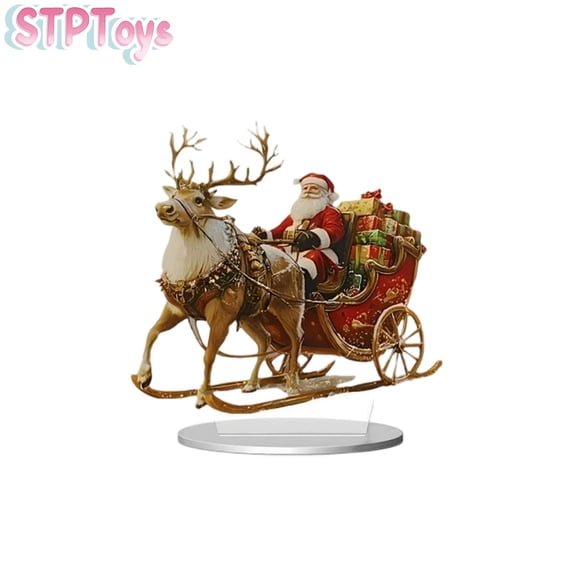 STPToys Christmas Santa Claus Sleigh Figurine Acrylic Red Gold Single Reindeer Tabletop Ornament for Xmas Home Decor