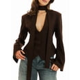 thumbnail image 3 of Chaqueta de Traje de Larga para Mujer, Color Liso, Cuello en V, Corte Entallado y Hombreras Marrón M, 3 of 10