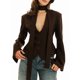 thumbnail image 3 of Chaqueta de Traje de Larga para Mujer, Color Liso, Cuello en V, Corte Entallado y Hombreras Marrón S, 3 of 10
