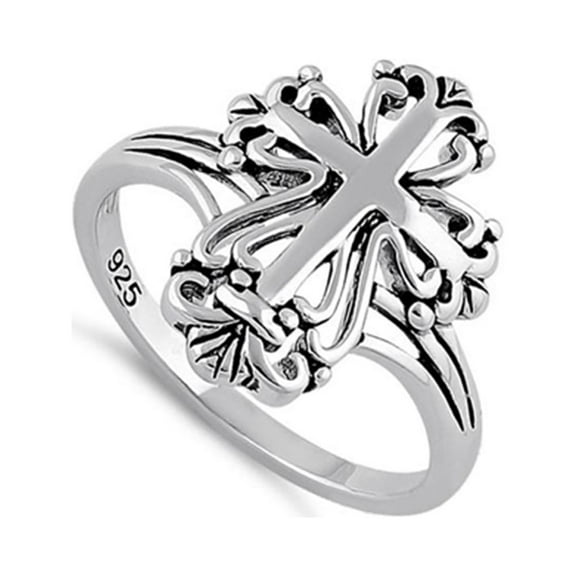 925 Sterling Silver Oxidized Platinum Plated Antique Cross Women Valentines Day Gifts Ring