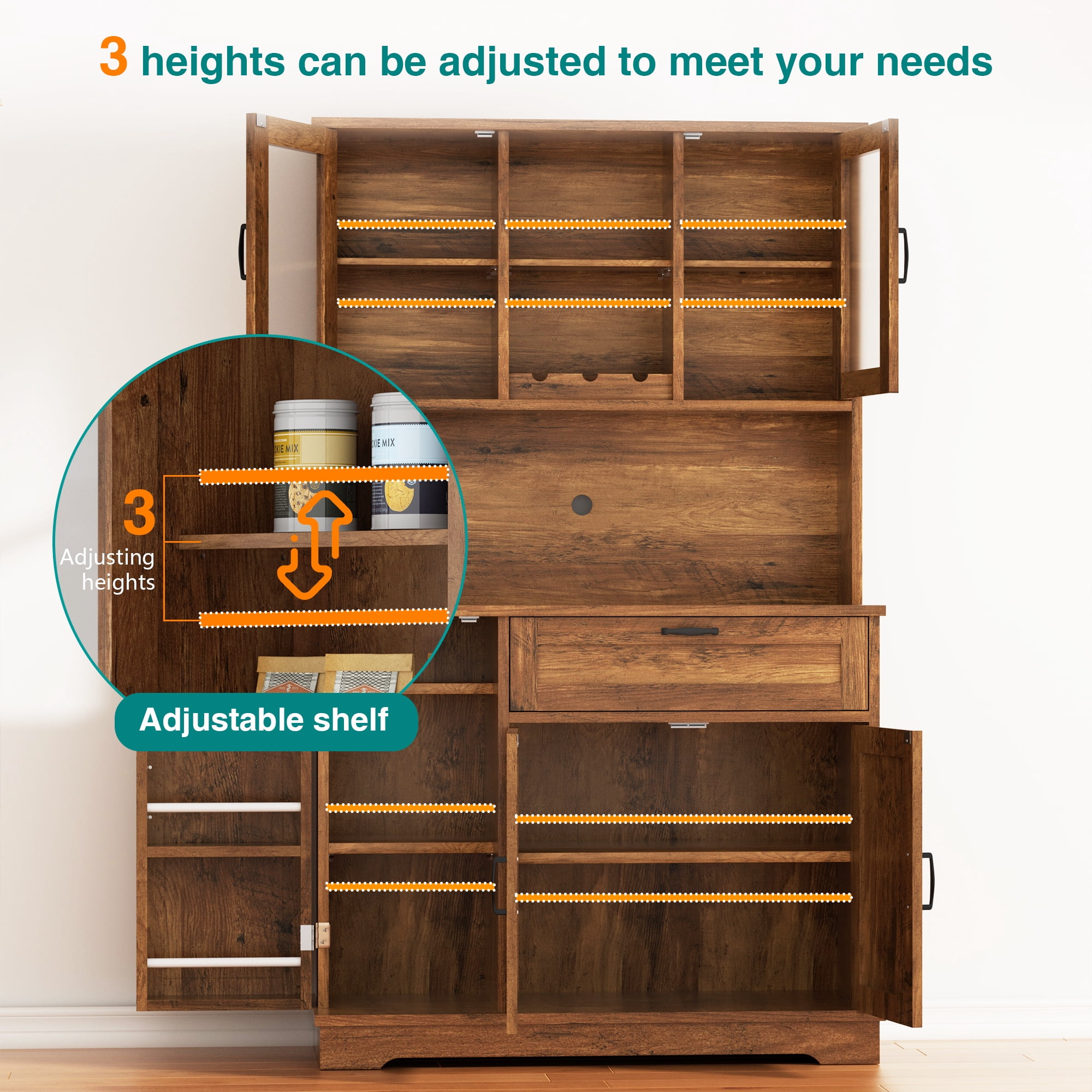 Walsunny Pantry Cabinet with Microwave Shelf Doors Drawer for Kitchen Storage 68" Tall Kitchen Food Cabinet Pantry Organizer Shelves Coffee Bar Cabinet with Hutch Brown