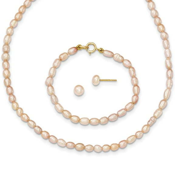 Real 14kt Yellow Gold Pink FW Cultured Pearl 12 Necklace; 5 Bracelet & Earring Set; for Adults and Teens; for Women and Men