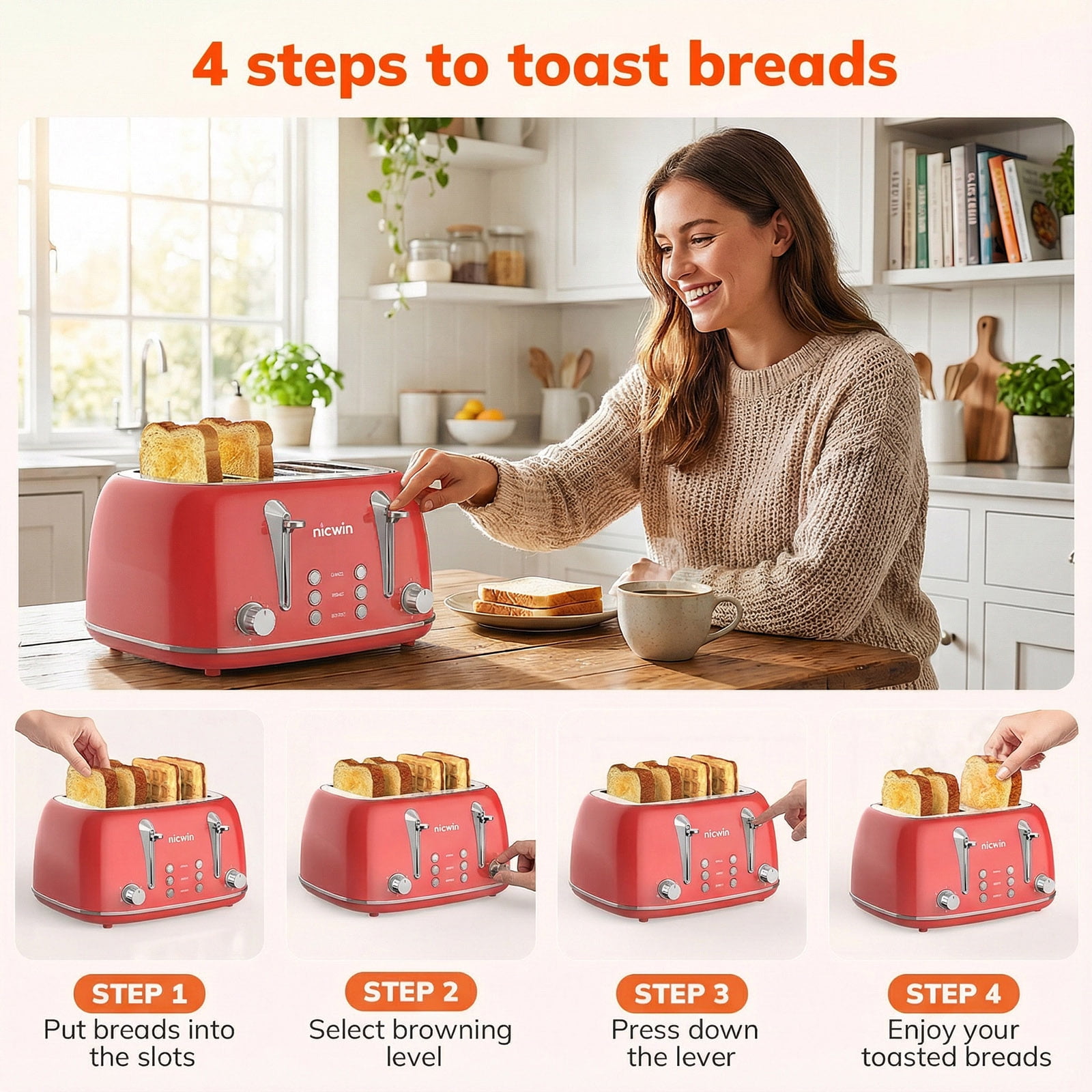 NICWIN 4 Slice Toaster, Extra Wide Slots Bread Toaster, Toast Shade Selector, Defrost & Reheat Functions for Kitchen Apartment Essentials, Red