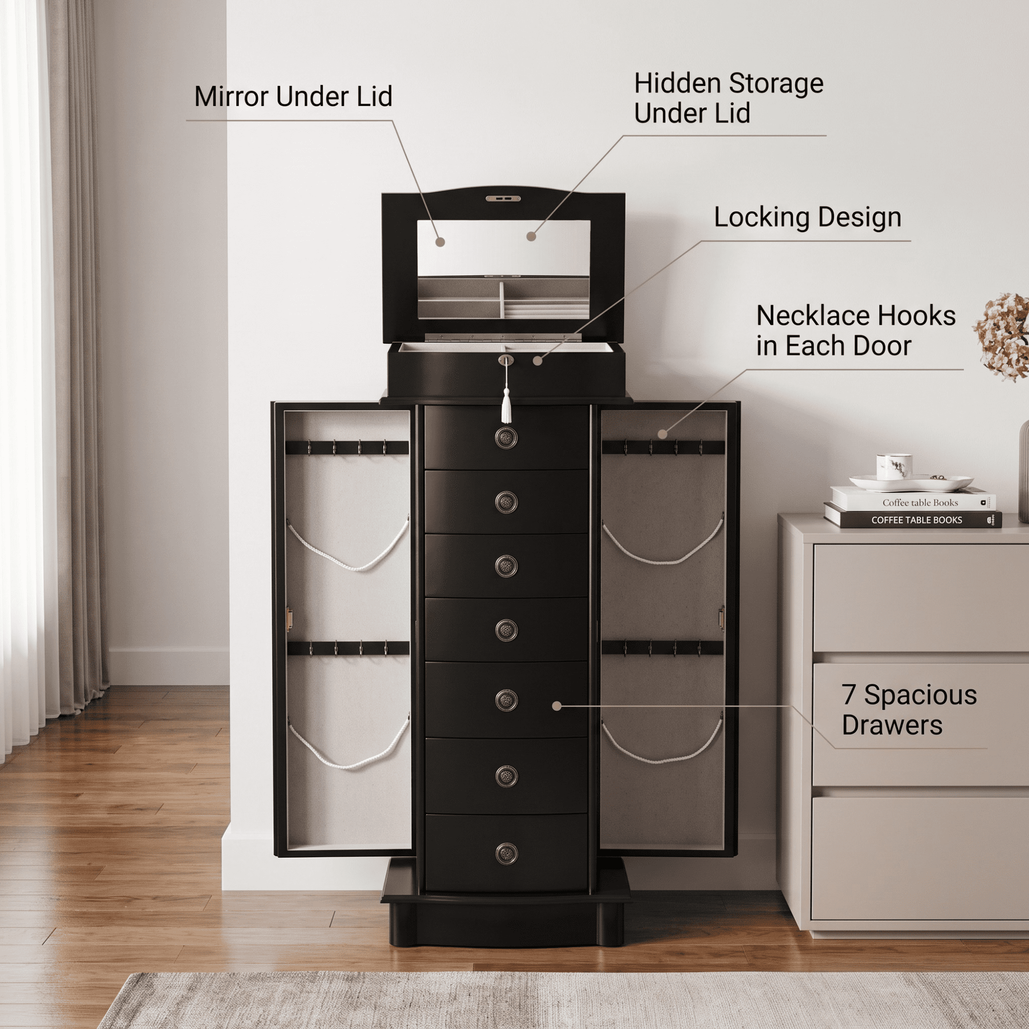 Hives and Honey Nora Traditional Jewelry Armoire with Locking Compartment and Ample Storage, Black