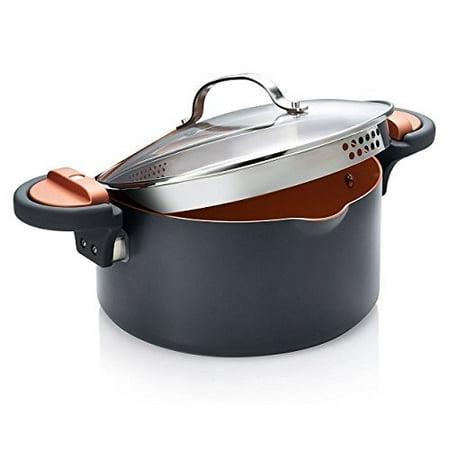 Gotham Steel Pasta Pot with Patented Built in Strainer with Twist N' Lock Handles, Nonstick Ti-Cerama Copper Coating by Chef Daniel Green, 5 Quart