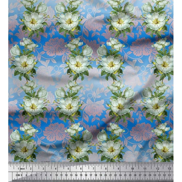 Soimoi Polyester Crepe Fabric Leaves & Magnolia Floral Print Fabric by Yard 52 Inch Wide