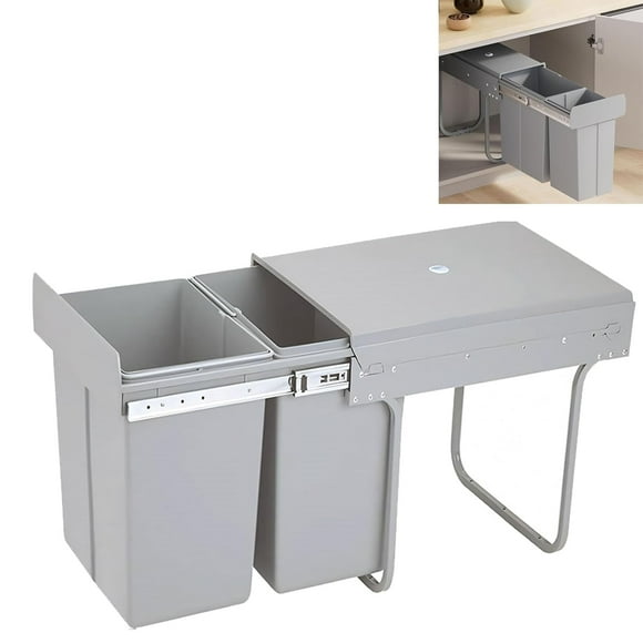 uyoyous 40 Liter/10.6 Gallon Dual Slide Out Pull Out Trash Can, Under Cabinet Waste Bin with Lid, Garbage Recycling Container for Kitchen, 20L+20L Dual Compartments, Grey