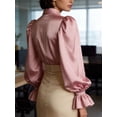 thumbnail image 5 of Deago Women's Satin Silk Blouses Puff Lantern Long Sleeve Shirts Button Down Collared Dressy Work Business Casual Tops Fall Clothes (Pink, S), 5 of 9