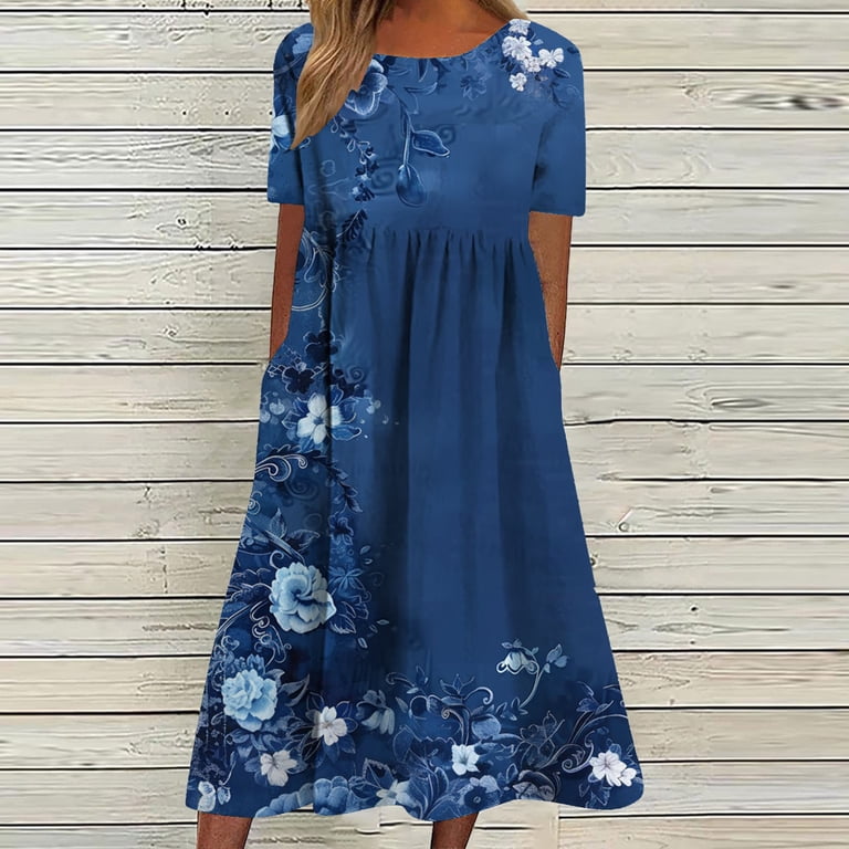 Edvintorg Casual Dresses for Women Vintage Floral Round Neck Short Sleeve  Midi Dress with Pocket Summer Vacation Dresses for Women 2025