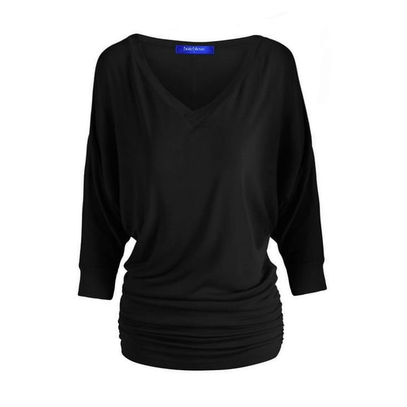 Women's Luxe Rayon V Neck Dolman 3/4 Sleeve With Side Ruched Top Lightweight fabric with Great Stretch Black 3X