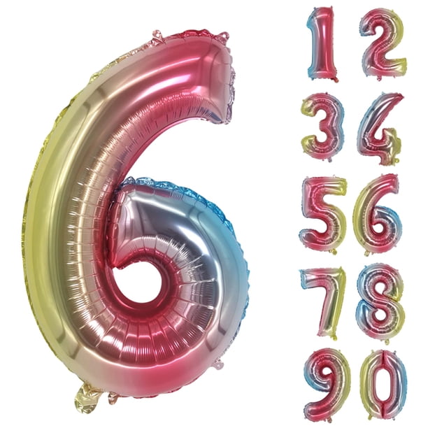 Globos de helio de 32 pulgadas con degradado de arcoíris, coloridos, con números grandes, decoración de celebración, fiesta de cumpleaños, globos de gran tamaño (arcoíris número 6) oso de fresa Juguete