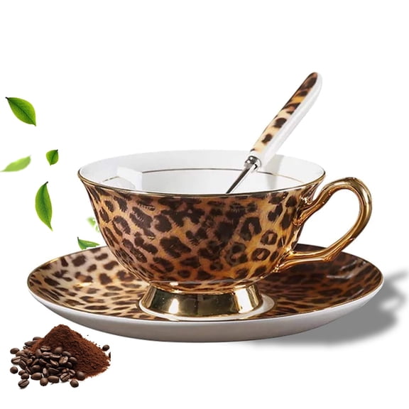 Leopard Tea Cup and Saucer Set, 7oz Fine Bone China Cheetah Tea Cup with Gold Rim & Spoon, Animal Print Drinkware Gift for Tea Lovers Home Dining