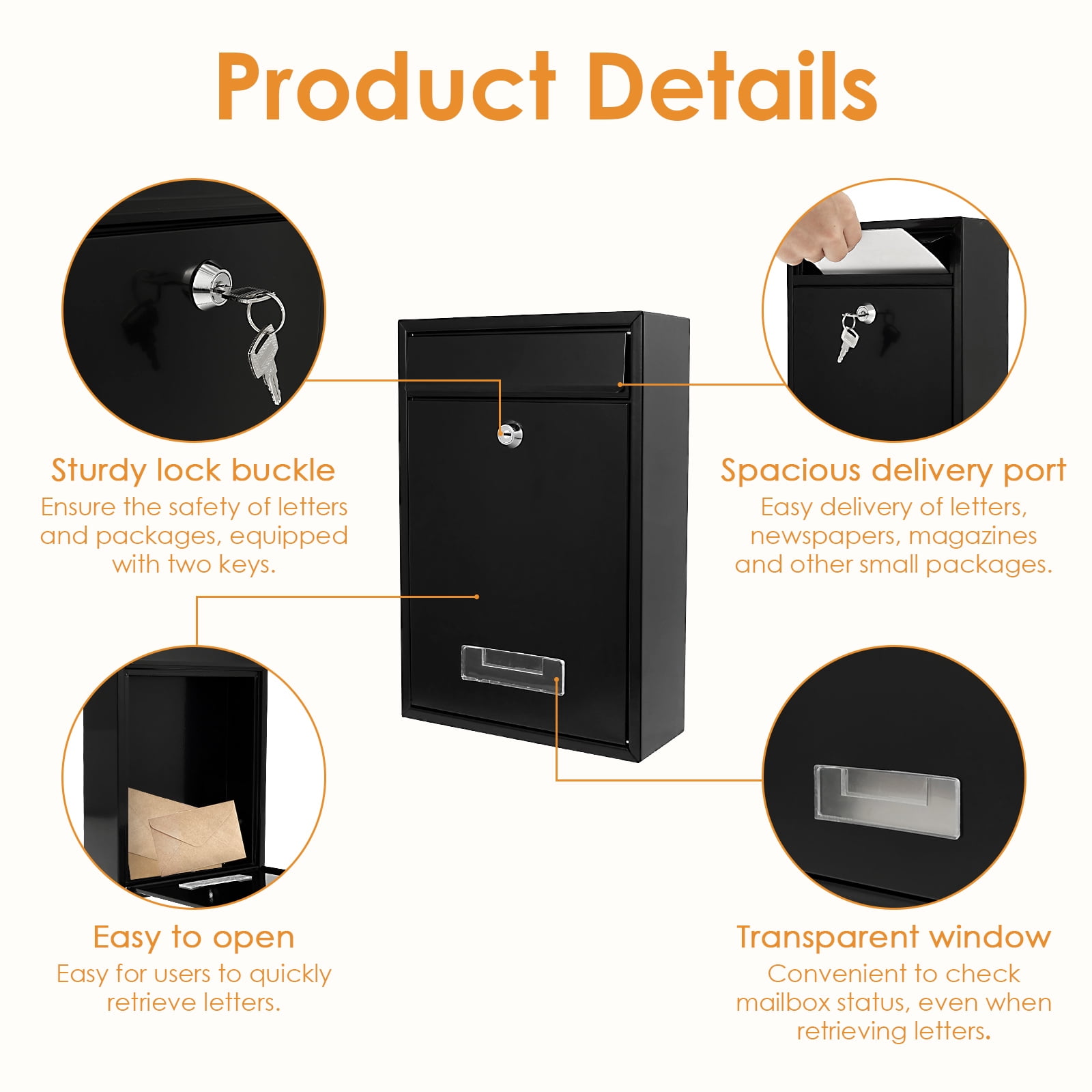Wall Mounted Metal Mailbox with 2 Keys Weather Resistant Lockable Security Postbox Delivery Letter Box for School Office Outdoor