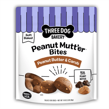 Three Dog Bakery Peanut Mutter Bites, Peanut Butter Cookies, Soft Treats for Dogs, 18oz. Box