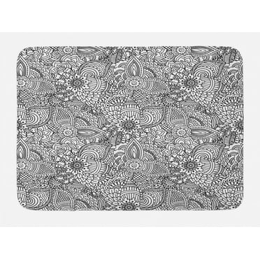 Henna Bath Mat, Monochrome Design Ethnic Cultural Pattern Intricate Mehendi Swirls Asian Leaves, Non-Slip Plush Mat Bathroom Kitchen Laundry Room Decor, 29.5 X 17.5 Inches, Black White, Ambesonne