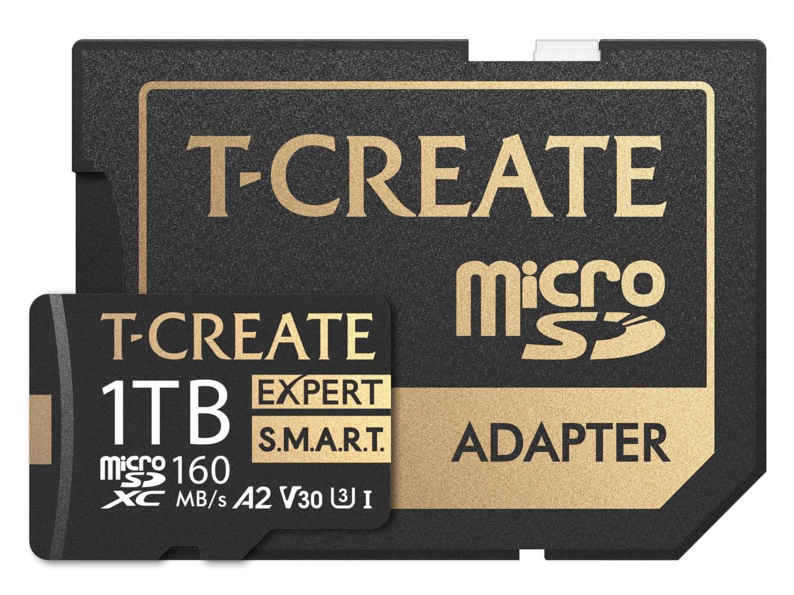 TEAMGROUP 1TB T-Create Expert S.M.A.R.T Monitored A2 microSDXC UHSI-I/U3 V30 4K High speed memory card with adapter, Compatible with GoPro, Insta360, Speed up to 160MB/s (TTCS1TIA2V3003)