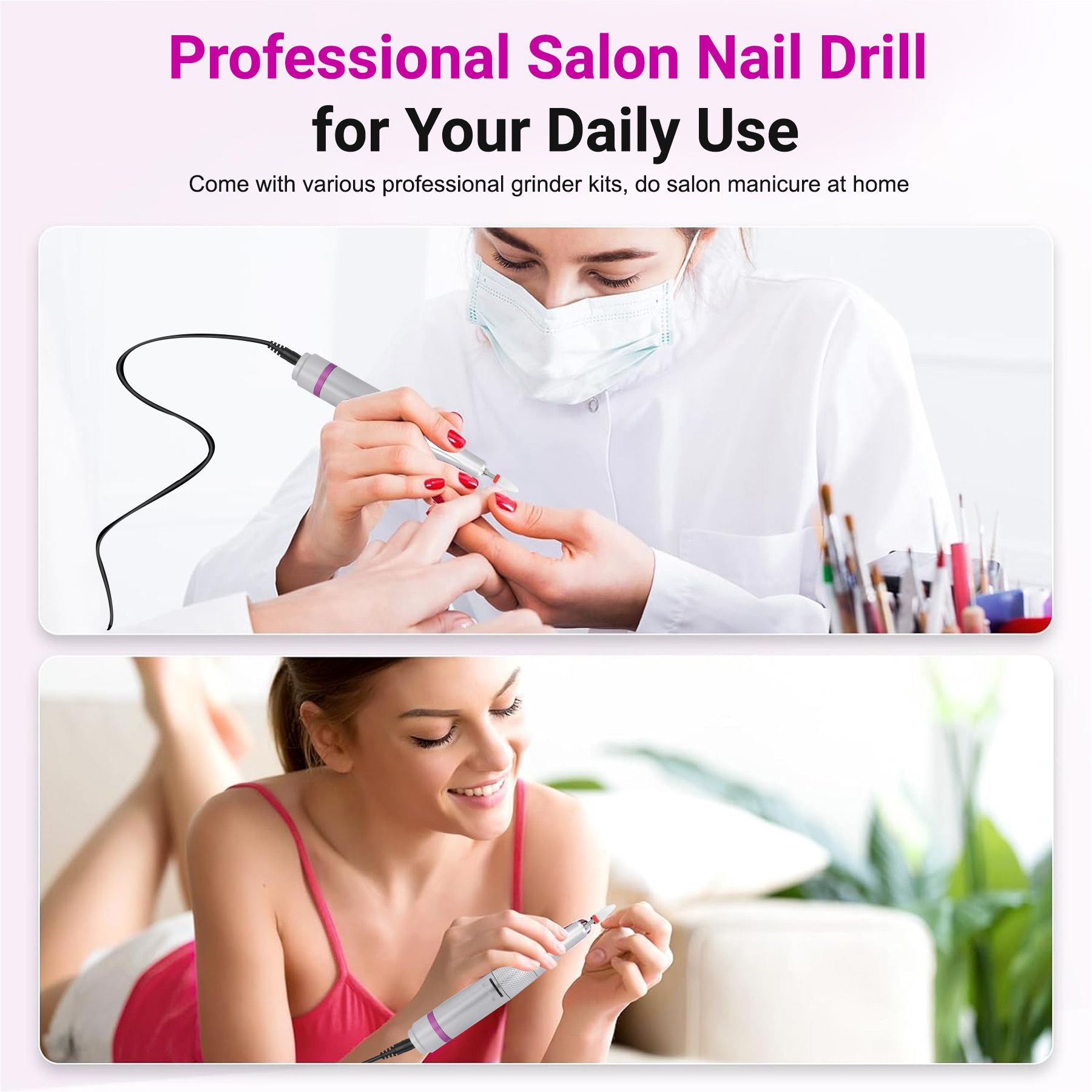 Rechargeable Electric Nail Drill 35000RPM Portable Wireless Nail Grinder Pedicure Manicure Set Silver
