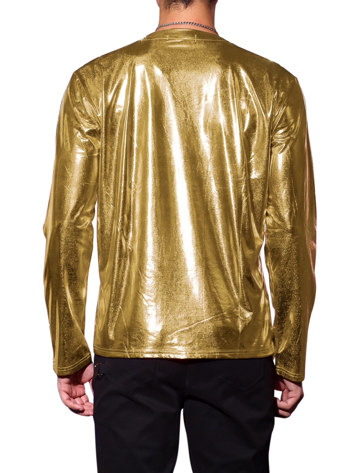 Unique Bargains Men's Metallic T-Shirt Round Neck Long Sleeve Shining Disco Tee Top L Golden