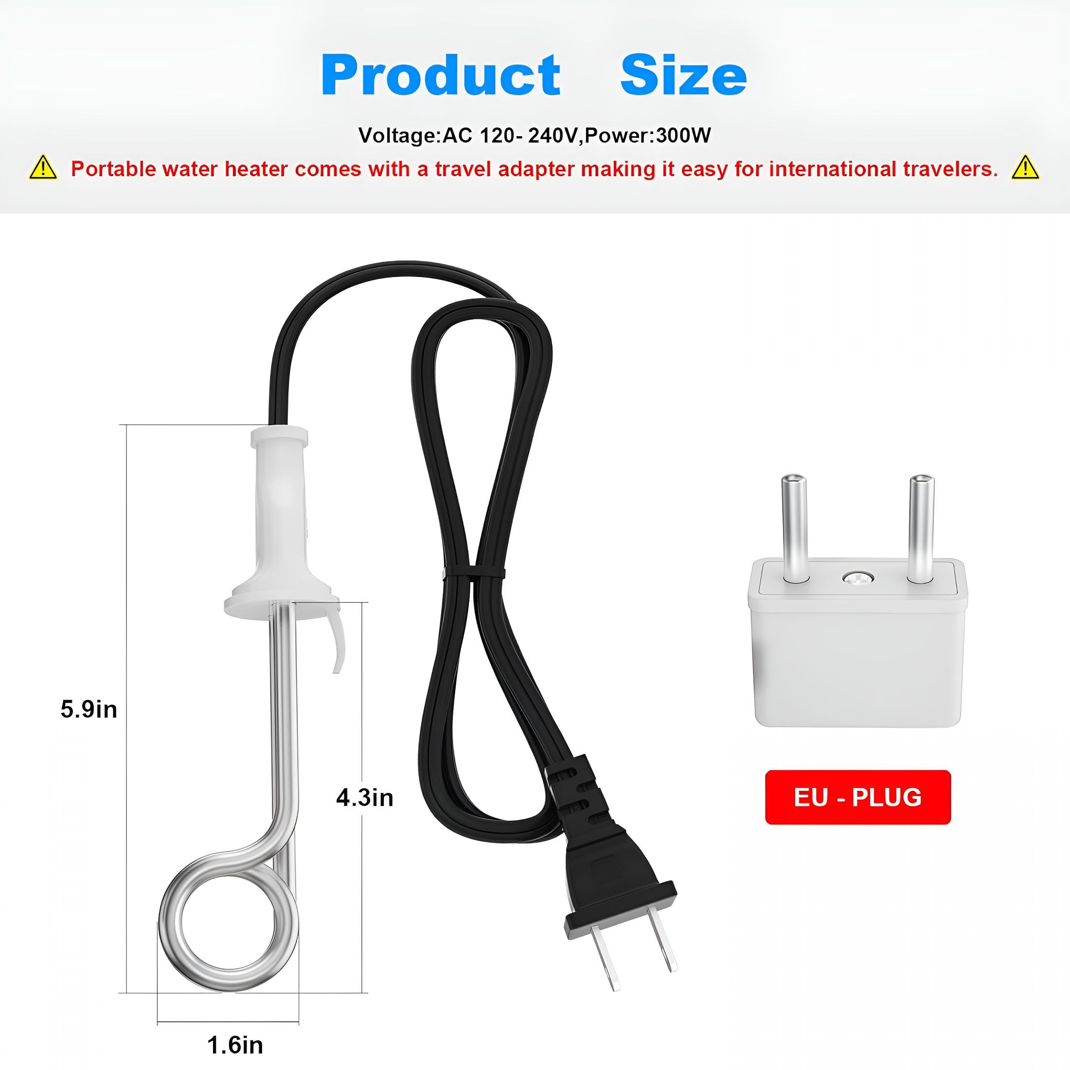 HIBIBUD Immersion Water Heater 300W 120/240V Portable Immersion Water Heater Element,Instant Immersion Cup Mug Heater Fit Camping Traveling Coffee/Tea/Soup Electric Water Portable Reheater