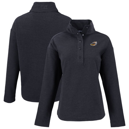 Women s Cutter & Buck Black Akron RubberDucks Hunts Point Eco Textured Fleece Recycled Half-Snap Sweatshirt