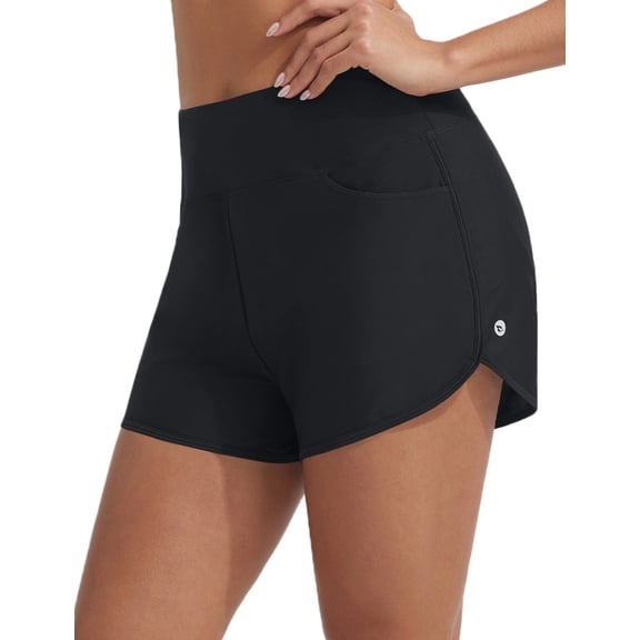 baleaf Women's 3" Swim Shorts High Waisted Board Shorts Quick Dry Bathing Suit Swimsuit Tankini Bottoms with Velcro-sealed Pockets UPF50 Black L