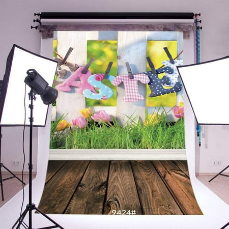 Image of ABPHOTO Polyester 5x7ft Photography Backdrops Easter Flowers Green Grass Field Nostalgia Stripe Wood Floor Seamless Newborn Baby Toddlers Lover Portraits Background Photo Studio Props