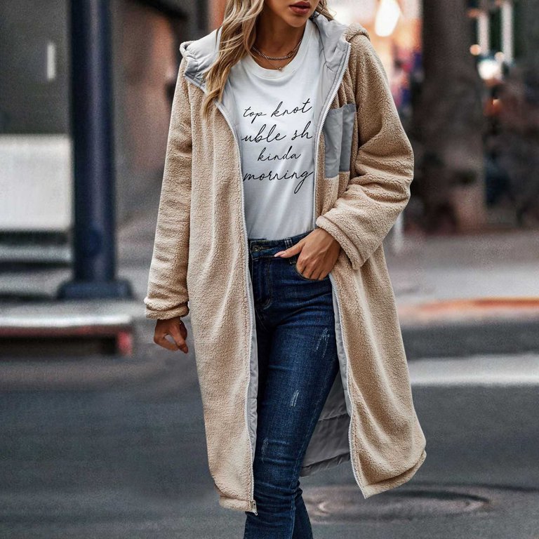 plus size womens winter dress coats Zyloft Winter Clothes for Womens Clearance Plus Size Womens Ladies Warm Faux Furry Long Coat Jacket Winter Solid Turn-Down Collar Outerwear Gray M Black*Friday/Cyber*Monday Clearance