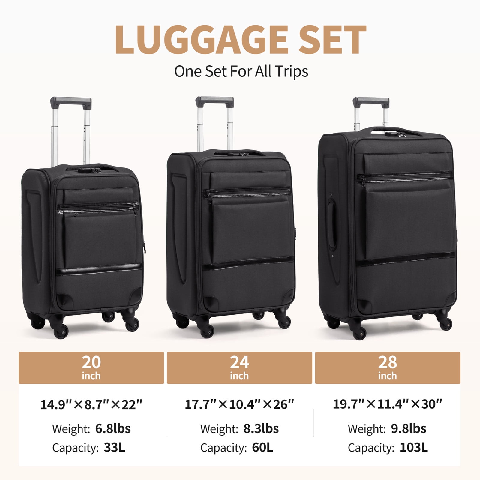 Ktaxon 3-Piece Softside Luggage Set With 8 Set Pcaking Cube TSA Lock, 360° Spinner Wheels Black