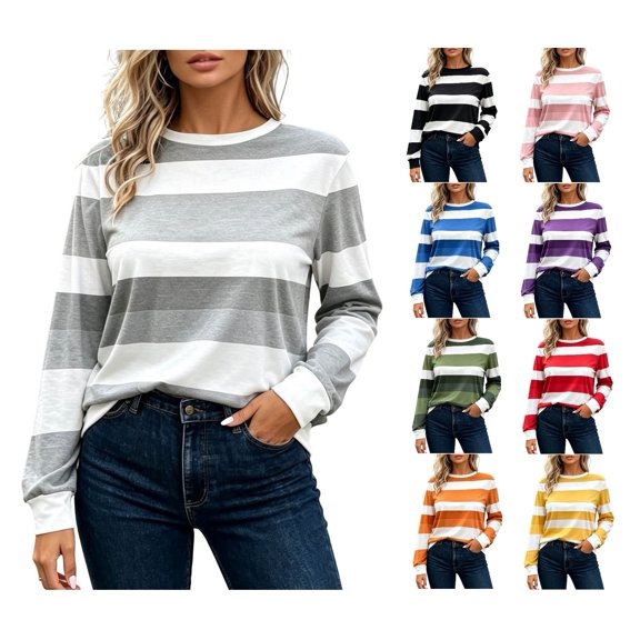 GUACER Womens Long Sleeve Stripe Tops Trendy Color Block Crew Neck Casual Relaxed Pullover Shirts