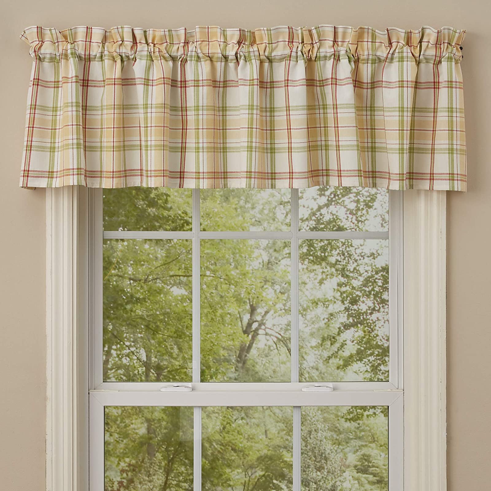 Tan Green Ivory Plaid Park Designs Unlined Country Window Valance 72"x14" Wine 