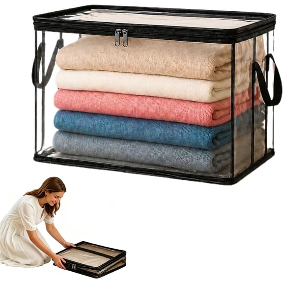 Large Heavy-Duty Thick Plastic Clear Storage Bag for Clothes, Moving & Storage, Thick Clear Storage Bags, Stackable Foldable Bins Totes Bags, With Reinforced Handles & Zipper (1PC)