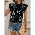 thumbnail image 4 of Women'S Floral Graphic Lace Blouses Crew Neck Cap Sleeve Boho Shirts White and Blue M, 4 of 9