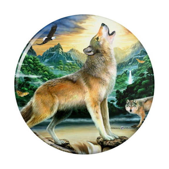 Howling Wolf Sunset Forest Butterflies Pinback Button Pin