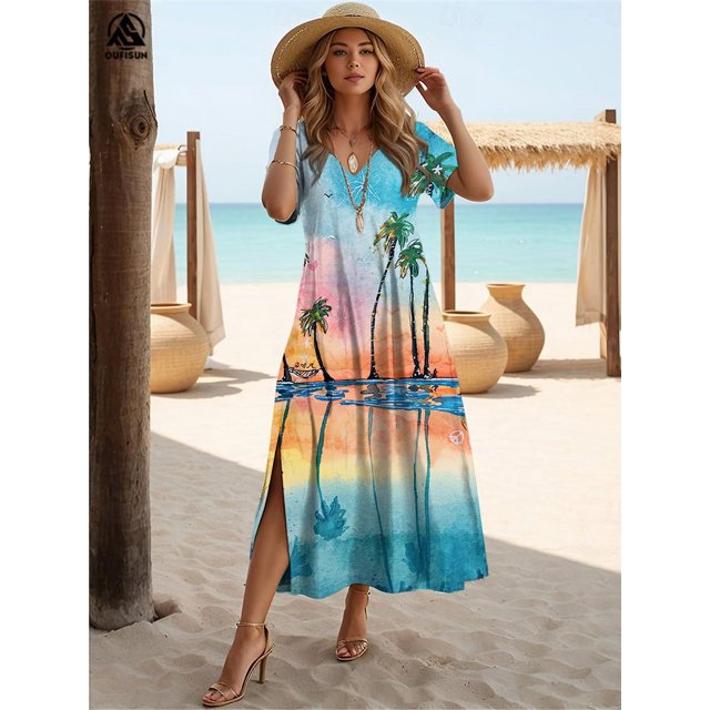 2024 Robes Hawaïennes pour Femmes Imprimé Cocotier Robes Midi Vacances Manches Courtes Mode Été Col en V Robes FJH