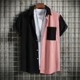 thumbnail image 3 of Men's Patchwork Youth Lapel Short Sleeved Shirt Corduroy Lapel Striped Short Sleeved Shirt Pink L, 3 of 8