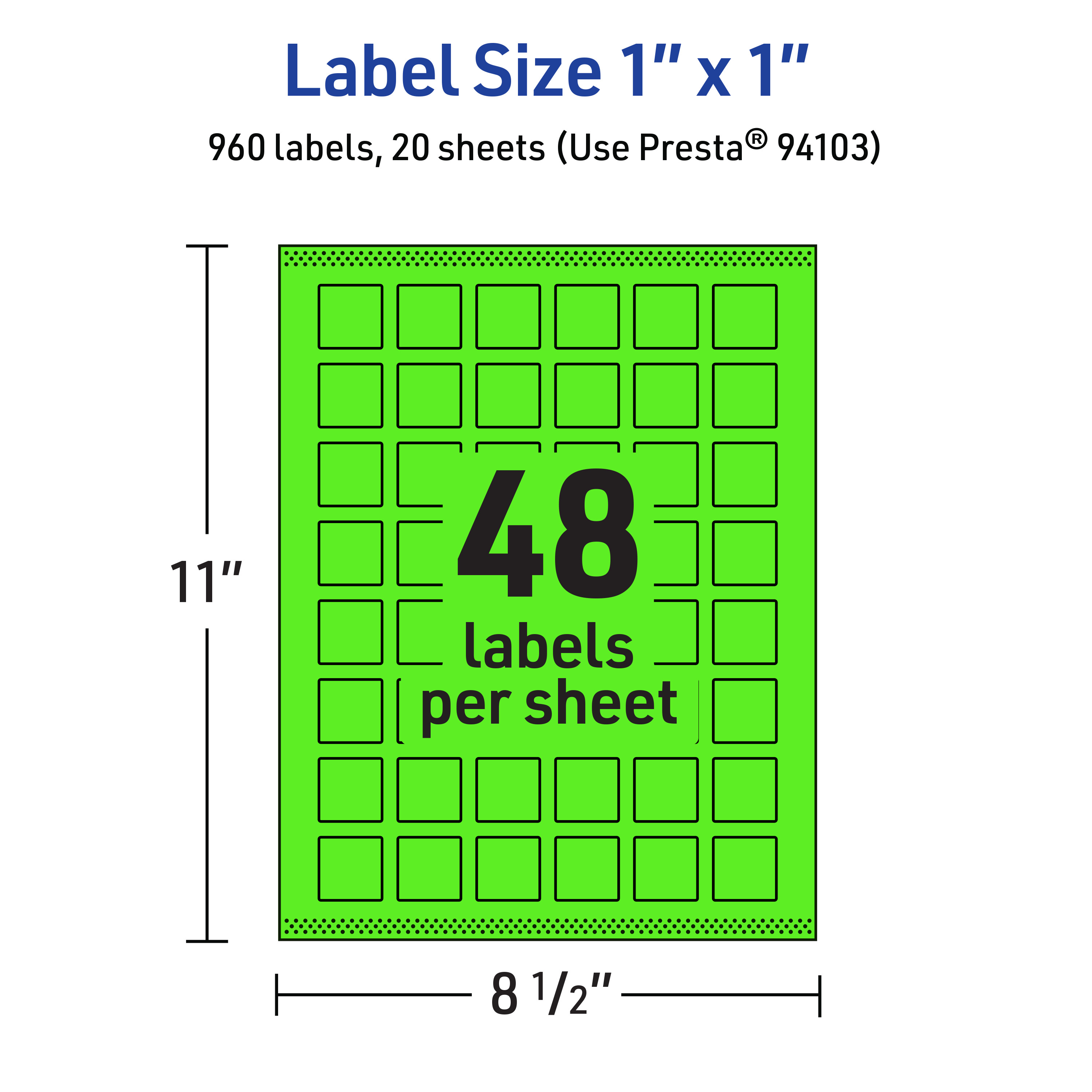 Avery Printable Square Labels, Neon Green, 1" x 1", 960ct