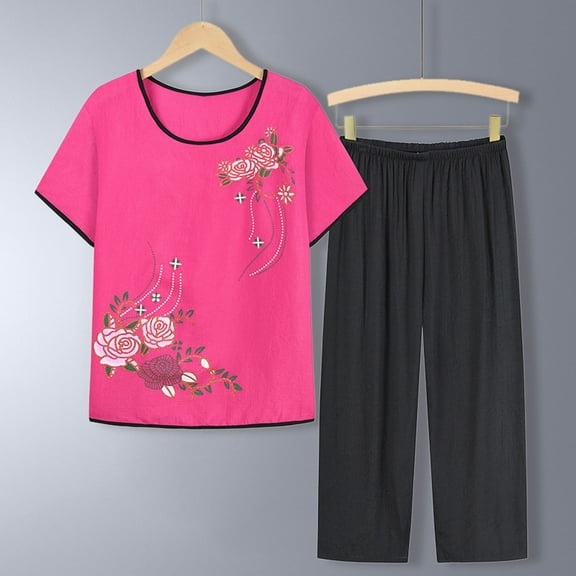 ZAZYULZ Two Piece Sets for Women Women Casual Floral Print Shirts Cropped Pants 2 Piece Outfits Matching Tracksuit Plus Size Elastic Waist Capri Pants Set(Hot Pink,Xxxl)