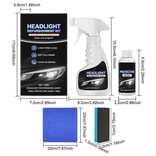 Kit de restauración de faros delanteros de 130 ml, limpiador de faros, kit de pulido y reacondicionamiento para faros amarillos, empañados y rayados, kit de limpieza y mantenimiento del coche con age