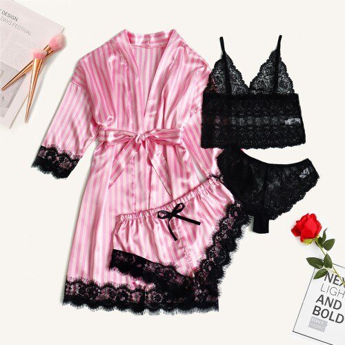 Conjunto de pijama de satén con encaje Floral para mujer, ropa de dormir con bata de 4 piezas, Sexy, de seda sintética, informal, para el hogar