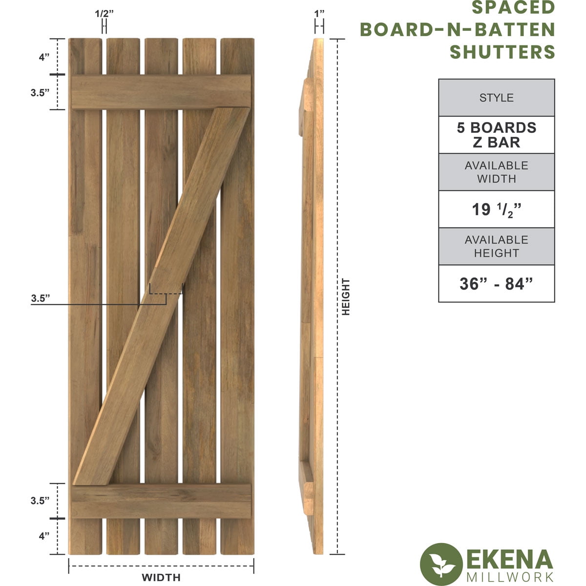Ekena Millwork 19 1/2"W x 31"H Americraft Five Board (2 Batten) Exterior Real Wood Spaced Board-n-Batten Shutters w/ Z-Bar (Per Pair), Unfinished