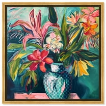 Vase Of Tropical Flowers In Vase Paintings Canvas Wall Art by Art Remedy, Gold Floater Frame, 17.5" x 17.5"