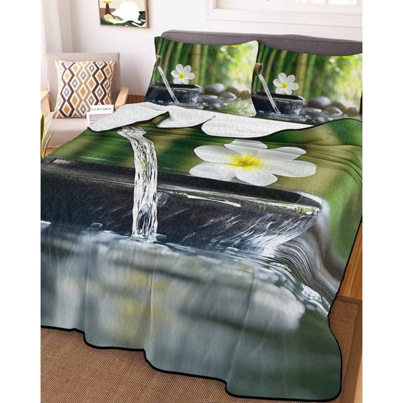 Zen Stones Water Flowing Full Size Down Alternative Comforter, Lightweight Comforter Quilt Bedding Set with Pillow Shams Floral Green Forest All Seasons Bed Comforter Duvet Insert 78"x90"
