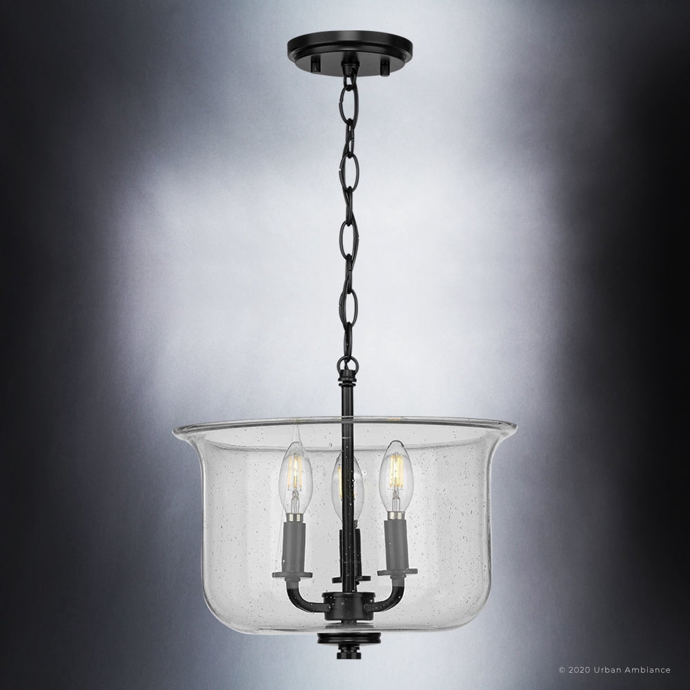 Luxury French Country Indoor Ceiling Light, 11.875''H x 13.75''W, with English Country Style Elements, Colonial Design, Midnight Black Finish and Clear Seeded, UHP3731