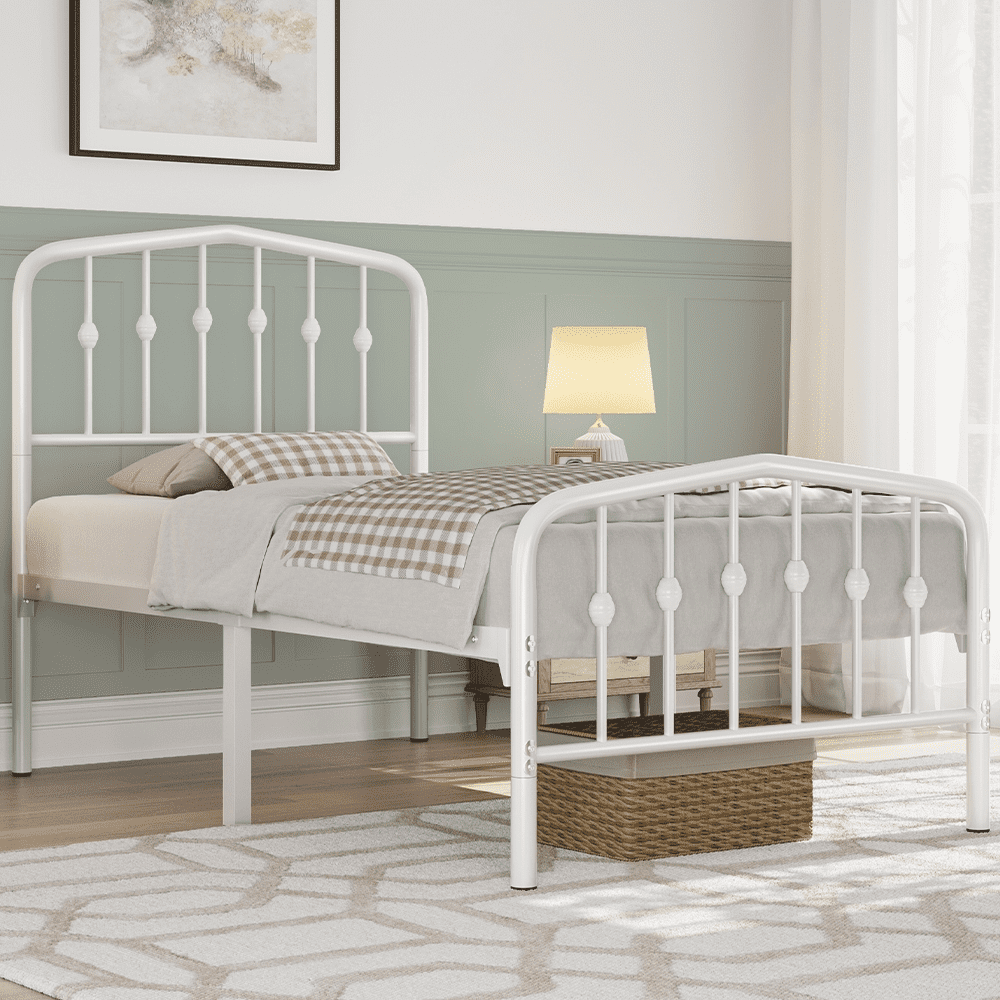 Renwick Twin Size Metal Platform Bed with Arched Headboard and Footboard for Adult, White