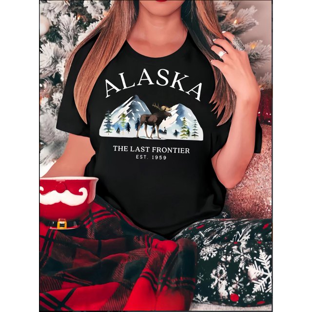 Women's Casual Elk & Snow Mountain Graphic Tee - Comfy Crew Neck Short Sleeve T-Shirt, Perfect for Summer