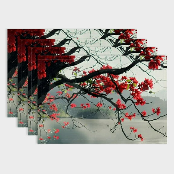 Fenyluxe Red Flowers Table Placemats Set of 4 Linen Cloth Indoor Outdoor Dining Mats for Elegant Home Decor, Heat Resistant 18x12in
