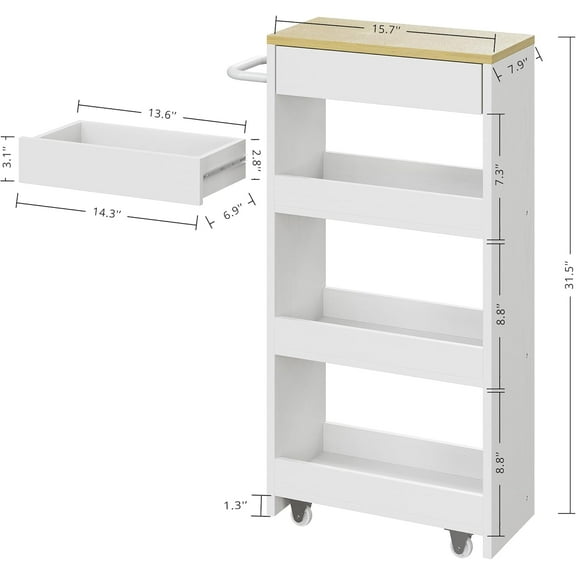 Slim Storage Rolling Cart with Drawer and Wheels and Handle, 4 Tier Slide Out Utility Kitchen Cart for Small Spaces Kitchen Laundry Narrow Places, White